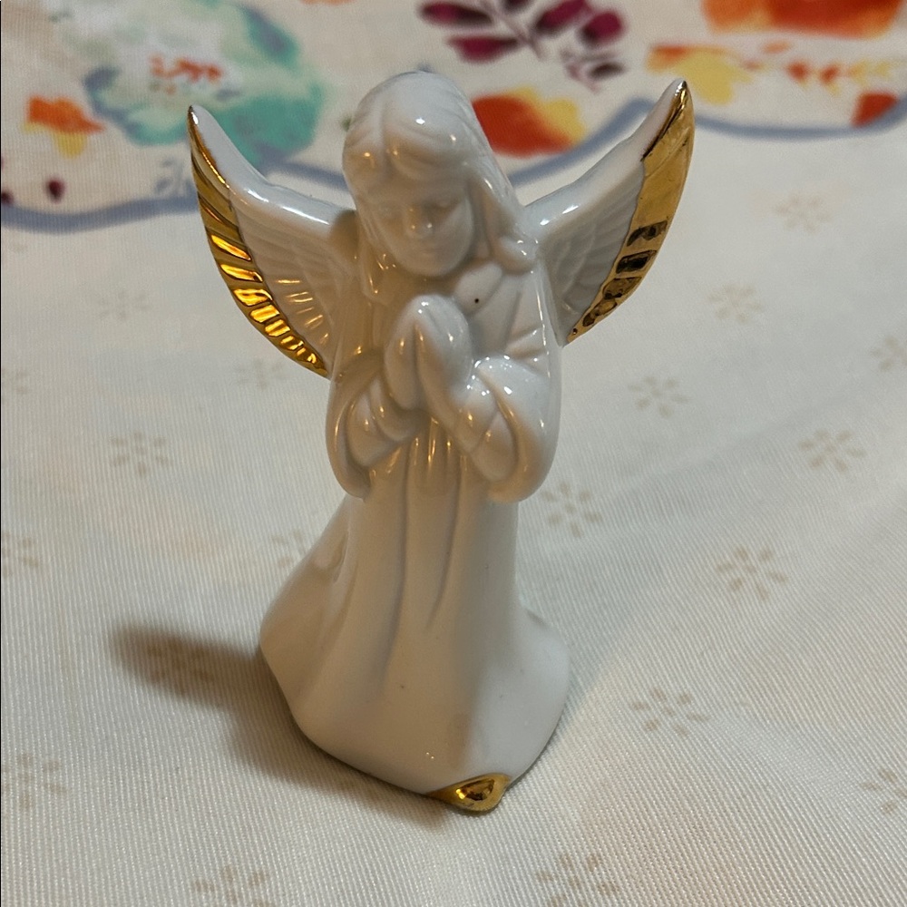 White Ceramic Praying Angel Figurine with Gold Trim bell